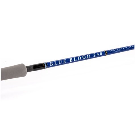 Detailed view of the heavy-duty premium Fuji K Guides and single-foot guides wrapped securely onto the Falkor Blue Blood rod.
