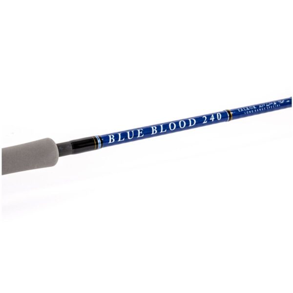 Detailed view of the heavy-duty premium Fuji K Guides and single-foot guides wrapped securely onto the Falkor Blue Blood rod.
