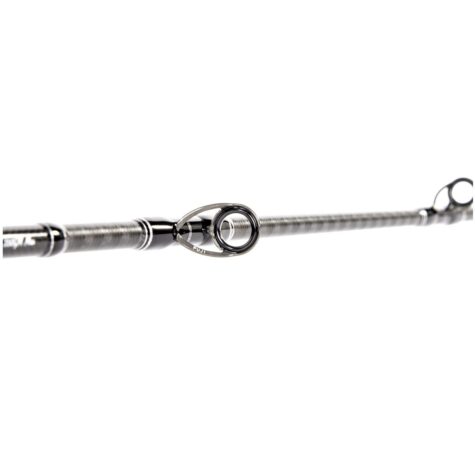 Close-up of heavy-duty Fuji SIG Gun Smoke guides wrapped tightly onto the Falkor Elevation deep vertical jigging rod.