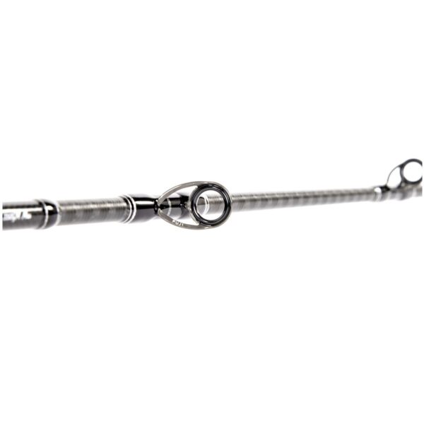 Close-up of heavy-duty Fuji SIG Gun Smoke guides wrapped tightly onto the Falkor Elevation deep vertical jigging rod.