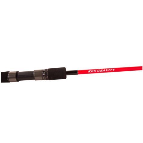 Close-up of Falkor Red Gravity rod blank showing the HQ MT40 TON Toray Solid Black Carbon weave and red trim branding.