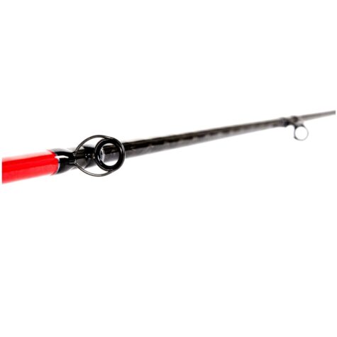 Detailed view of corrosion-resistant Fuji K Gunsmoke guides wrapped onto the Falkor Red Gravity slow pitch rod.