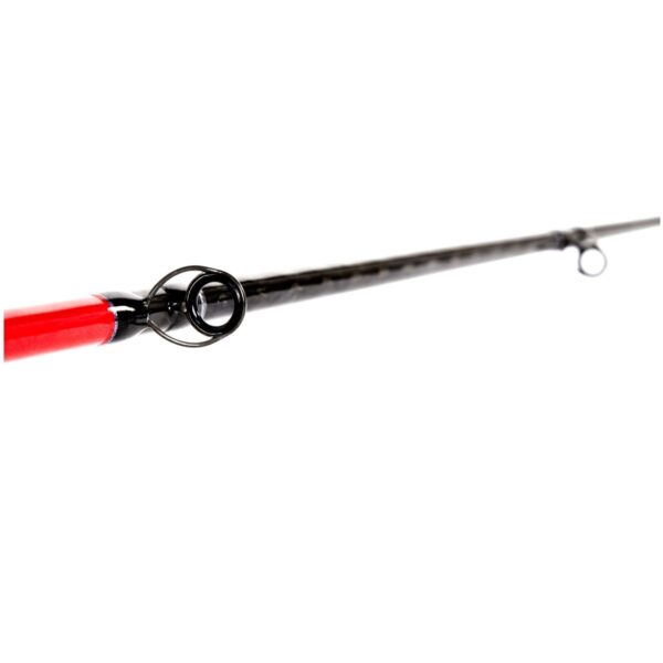 Detailed view of corrosion-resistant Fuji K Gunsmoke guides wrapped onto the Falkor Red Gravity slow pitch rod.