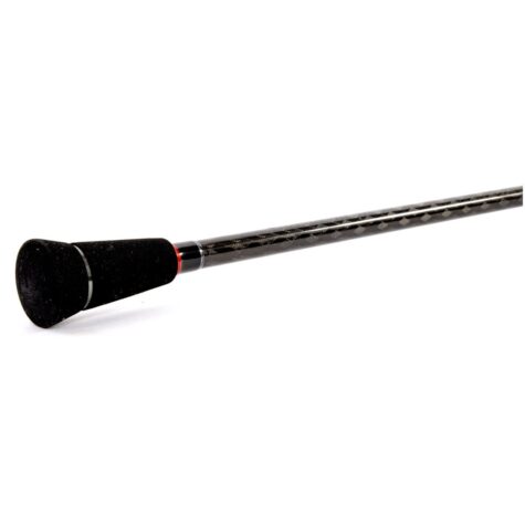 Falkor Red Gravity casting rod flexing under load, demonstrating the continuous parabolic bend and protective spiral guide alignment.