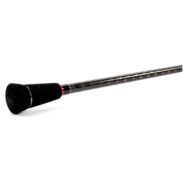 Falkor Red Gravity casting rod flexing under load, demonstrating the continuous parabolic bend and protective spiral guide alignment.