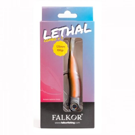 Front view of the Falkor Lethal M 100g soft fishing lure combo retail packaging in the Maiden colourway.