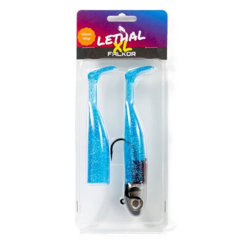 Falkor Lethal XL 190g heavy soft vinyl lure combo showing the armoured hook and massive lead head.