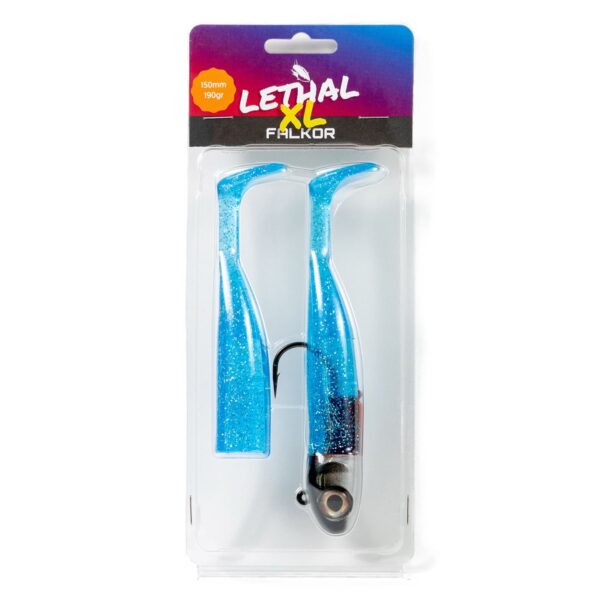 Falkor Lethal XL 190g heavy soft vinyl lure combo showing the armoured hook and massive lead head.