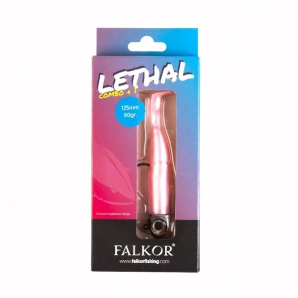 Front view of the Falkor Lethal M 60g soft fishing lure combo retail packaging in the Pink colourway.