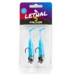 Falkor Lethal S series 20g soft vinyl fishing lure in blue showing its high-elasticity body and 3D eye.