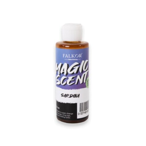 A 110g bottle of Falkor Magic Scent liquid fish attractant showcasing its sleek black label and twist applicator nozzle.