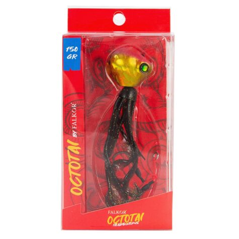 Falkor Octotai 150g Tai Rubber fishing lure in orange showing the heavy lead head and flowing silicone tentacles.