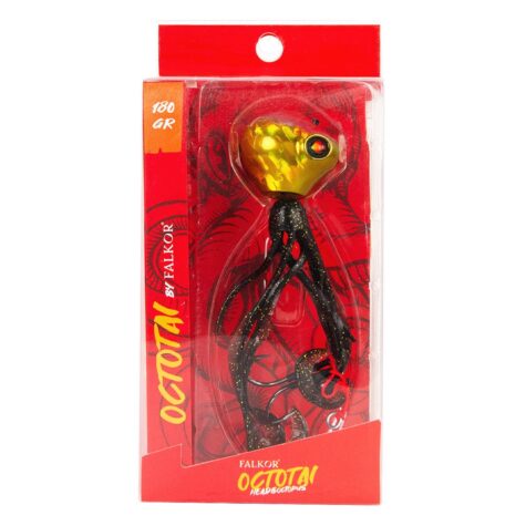 Falkor Octotai 180g heavy Tai Rubber jigging lure in Red and Black highlighting the armoured assist hooks