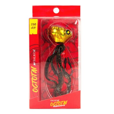 Falkor Octotai 200g extra-heavy Tai Rubber fishing lure in Gold and Pink displaying the large lead head and glowing UV silicone skirt