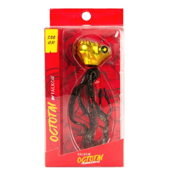 Falkor Octotai 200g extra-heavy Tai Rubber fishing lure in Gold and Pink displaying the large lead head and glowing UV silicone skirt