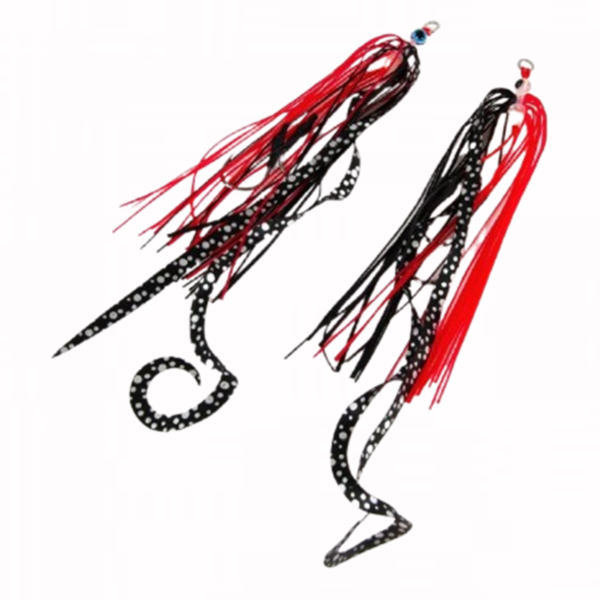 Front view of the Falkor Octotai Tai Rubber lure retail packaging featuring two replacement skirts in black.