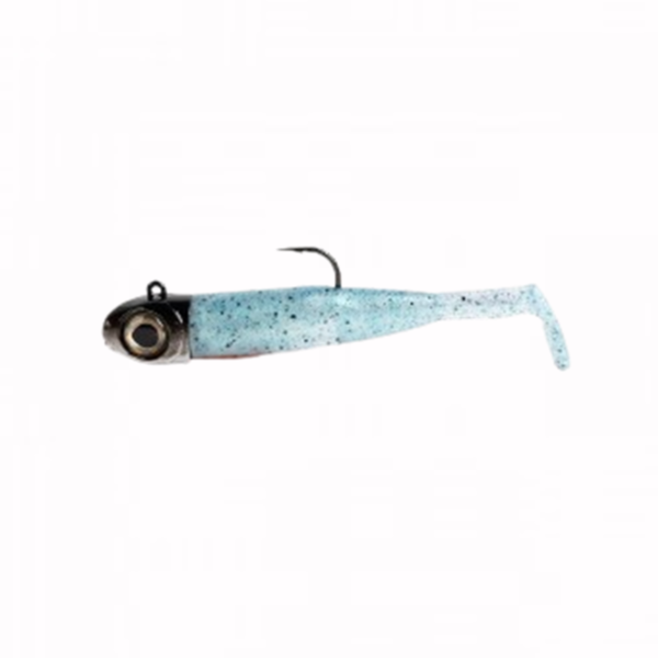 Side view of a bright blue Falkor Lethal soft vinyl fishing lure with a realistic baitfish profile.