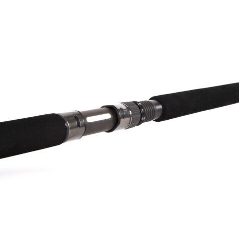 Close-up of the heavy-duty Fuji reel seat and locking hood system on the Falkor Top Water Authority spinning rod handle.