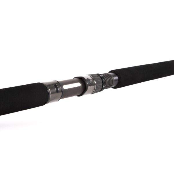 Close-up of the heavy-duty Fuji reel seat and locking hood system on the Falkor Top Water Authority spinning rod handle.