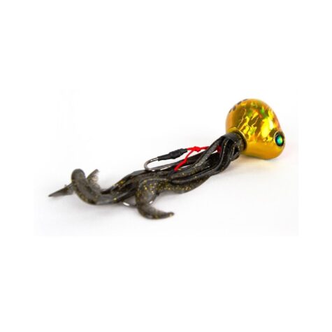 Front view of the fully rigged Falkor Octotai Tai Rubber fishing lure retail packaging in Gold and Pink.
