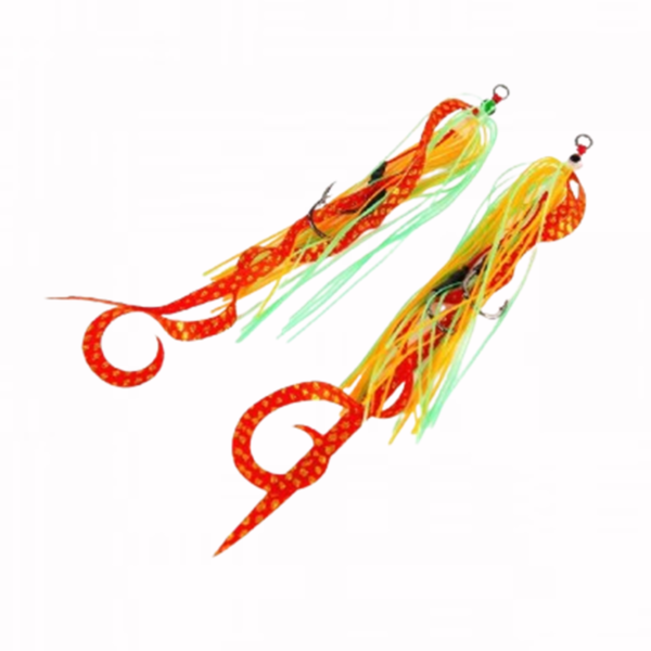 Front view of the Falkor Octotai Tai Rubber lure retail packaging featuring two replacement skirts in green