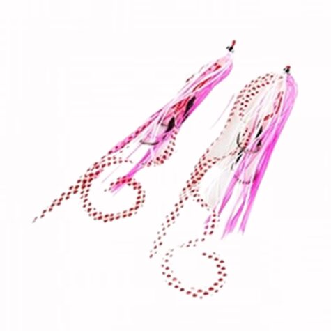 Front view of the Falkor Octotai Tai Rubber lure retail packaging featuring two replacement skirts in pink.
