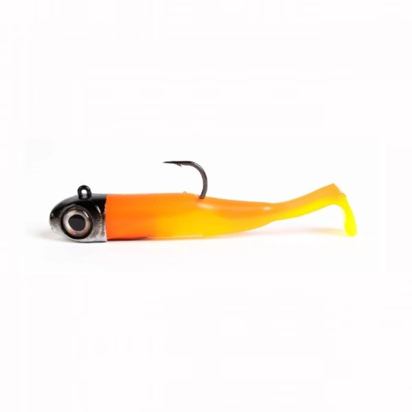 High-visibility neon orange Falkor Lethal vinyl baitfish lure.