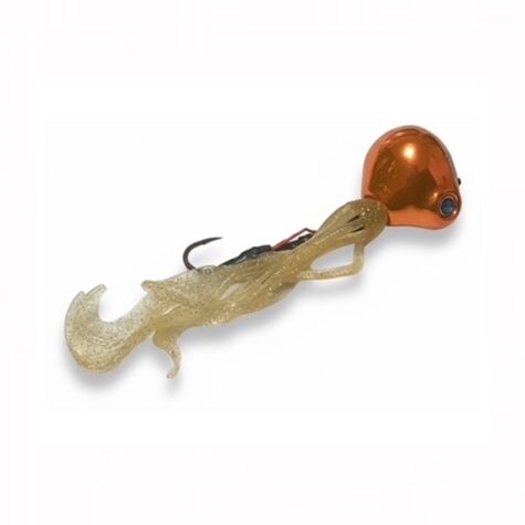 Front view of the fully rigged Falkor Octotai Tai Rubber fishing lure retail packaging in vibrant Orange.