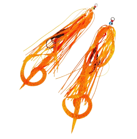 Front view of the Falkor Octotai Tai Rubber lure retail packaging featuring two replacement skirts in orange.