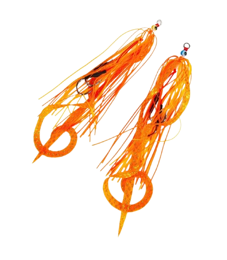 Front view of the Falkor Octotai Tai Rubber lure retail packaging featuring two replacement skirts in orange.