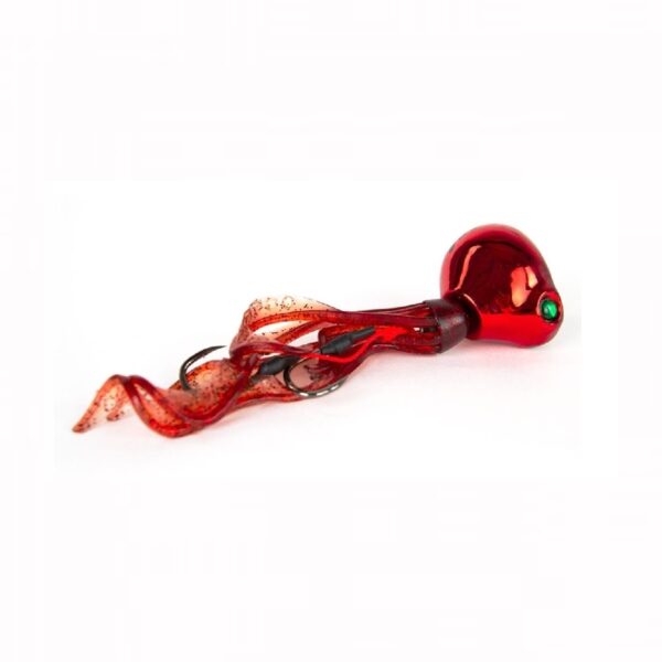 Front view of the fully rigged Falkor Octotai Tai Rubber fishing lure retail packaging in high-contrast Red and Black.