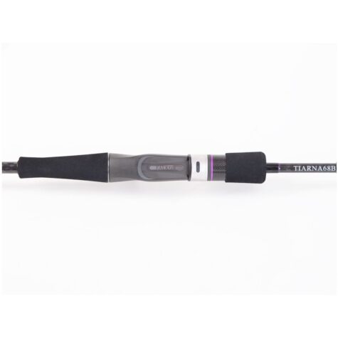 Close-up of the Falkor Tiarna 68B bait casting fishing rod ergonomic Fuji reel seat with custom trigger grip and high-density EVA split handle