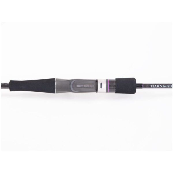 Close-up of the Falkor Tiarna 68B bait casting fishing rod ergonomic Fuji reel seat with custom trigger grip and high-density EVA split handle