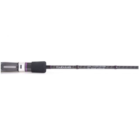 Close-up of the Falkor Tiarna 68S spinning rod model showing its heavy-duty smooth Fuji reel seat attachment and sleek matte black rod base.