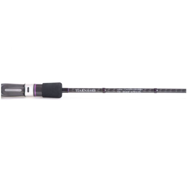 Close-up of the Falkor Tiarna 68S spinning rod model showing its heavy-duty smooth Fuji reel seat attachment and sleek matte black rod base.