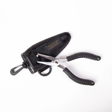 Falkor heavy duty split ring pliers laid over their branded black fabric sheath pouch featuring a belt loop and swivel clip.