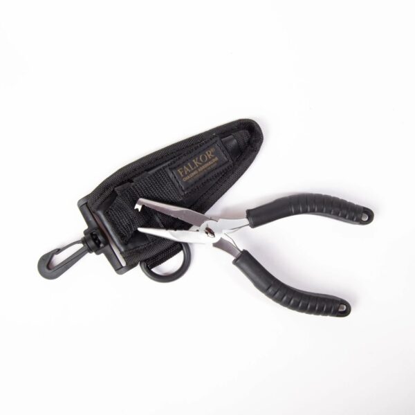 Falkor heavy duty split ring pliers laid over their branded black fabric sheath pouch featuring a belt loop and swivel clip.