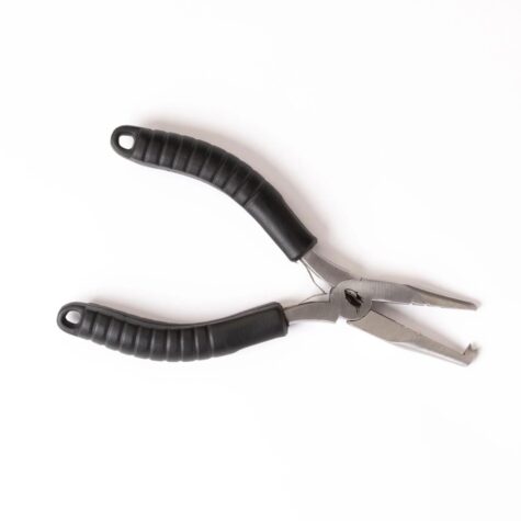 Falkor split ring fishing pliers with black textured handles and a spring-loaded grip shown against a white background.